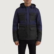 
Närbildsdetalj of Classic Collar & Heavy-Duty Zipper Hardware on Wayne Svart & Blå Hooded Puffer Läderjacka för Herr