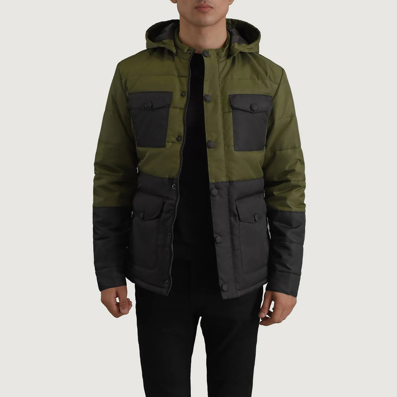 Wayne Svart & Grön Hooded Puffer Läderjacka för Herr