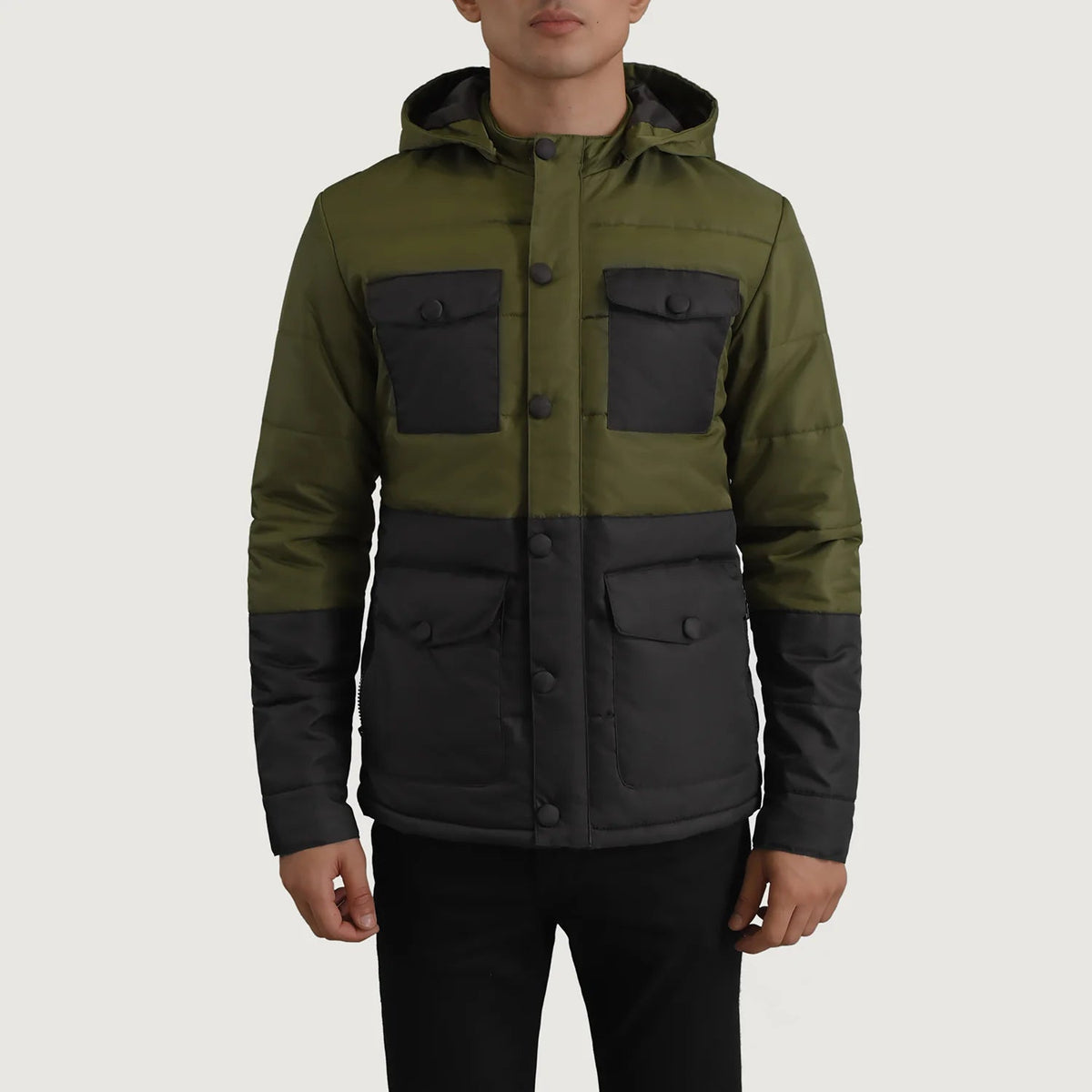 
Närbildsdetalj of Classic Collar & Heavy-Duty Zipper Hardware on Wayne Svart & Grön Hooded Puffer Läderjacka för Herr