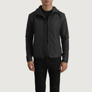
Wesley Svart Hooded Windbreaker Läderjacka för Herr i svart äkta nötskinn - Framifrån med skräddarsydd silhuett | Handla online