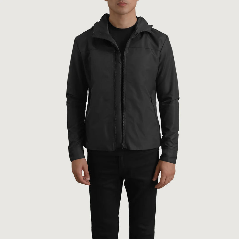 Wesley Svart Hooded Windbreaker Läderjacka för Herr