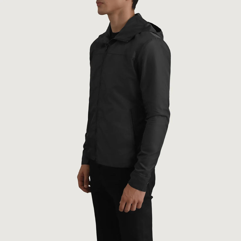 Wesley Svart Hooded Windbreaker Läderjacka för Herr