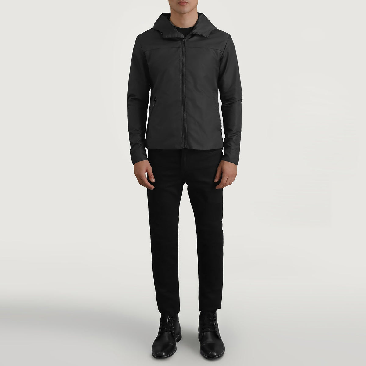 
Wesley Svart Hooded Windbreaker Läderjacka för Herr - Sidoprofil som visar ärmskärning