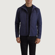 
Wesley Blå Hooded Windbreaker Läderjacka för Herr in Blue Full-Grain Leather - Framifrån med skräddarsydd silhuett | Handla online