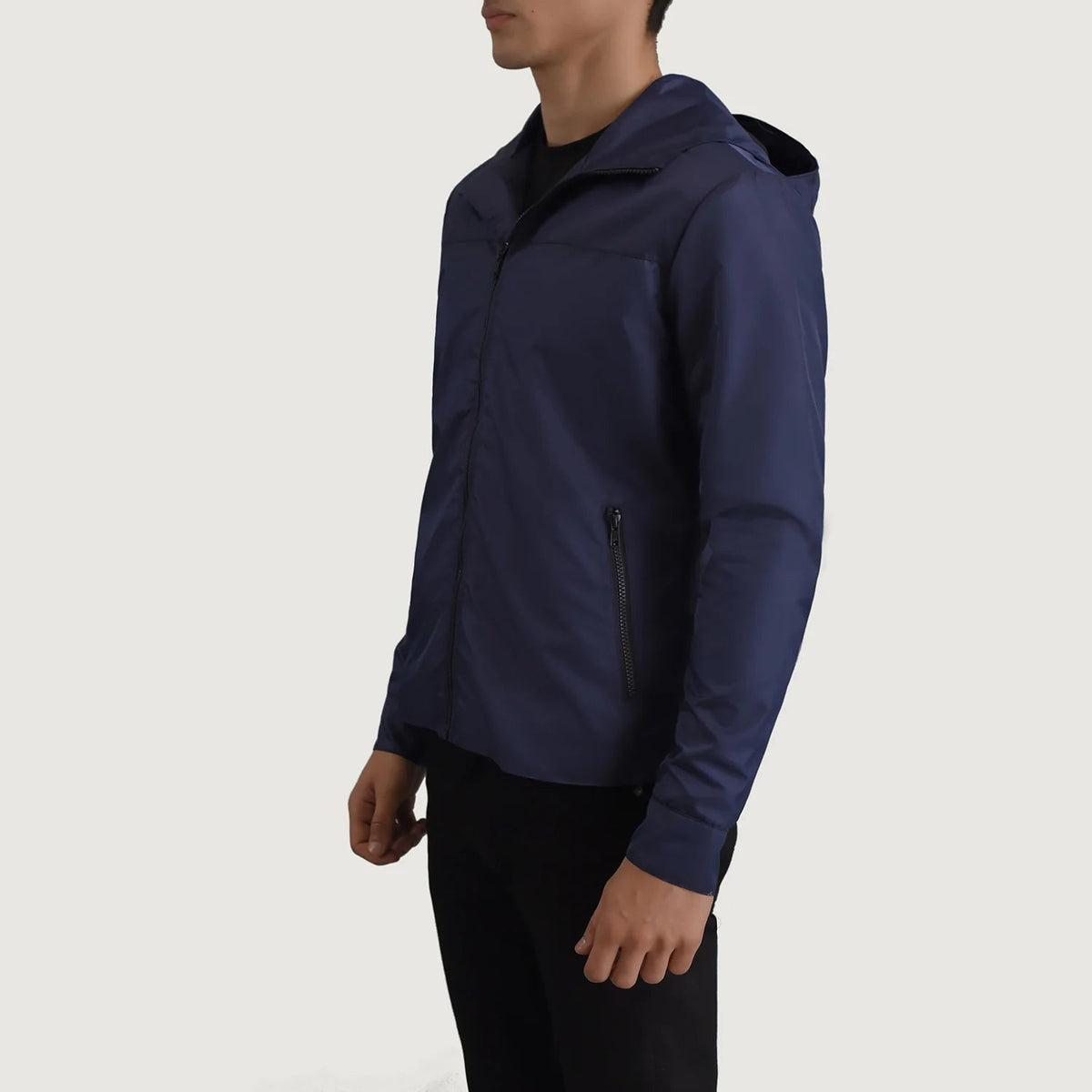 
Blue Full-Grain Leather Hooded Jacket - Bakifrån med perfekt axelpassform och ren fåll