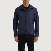 
Närbildsdetalj of Classic Collar & Zipper With Inside Wind Flap. Hardware on Wesley Blå Hooded Windbreaker Läderjacka för Herr