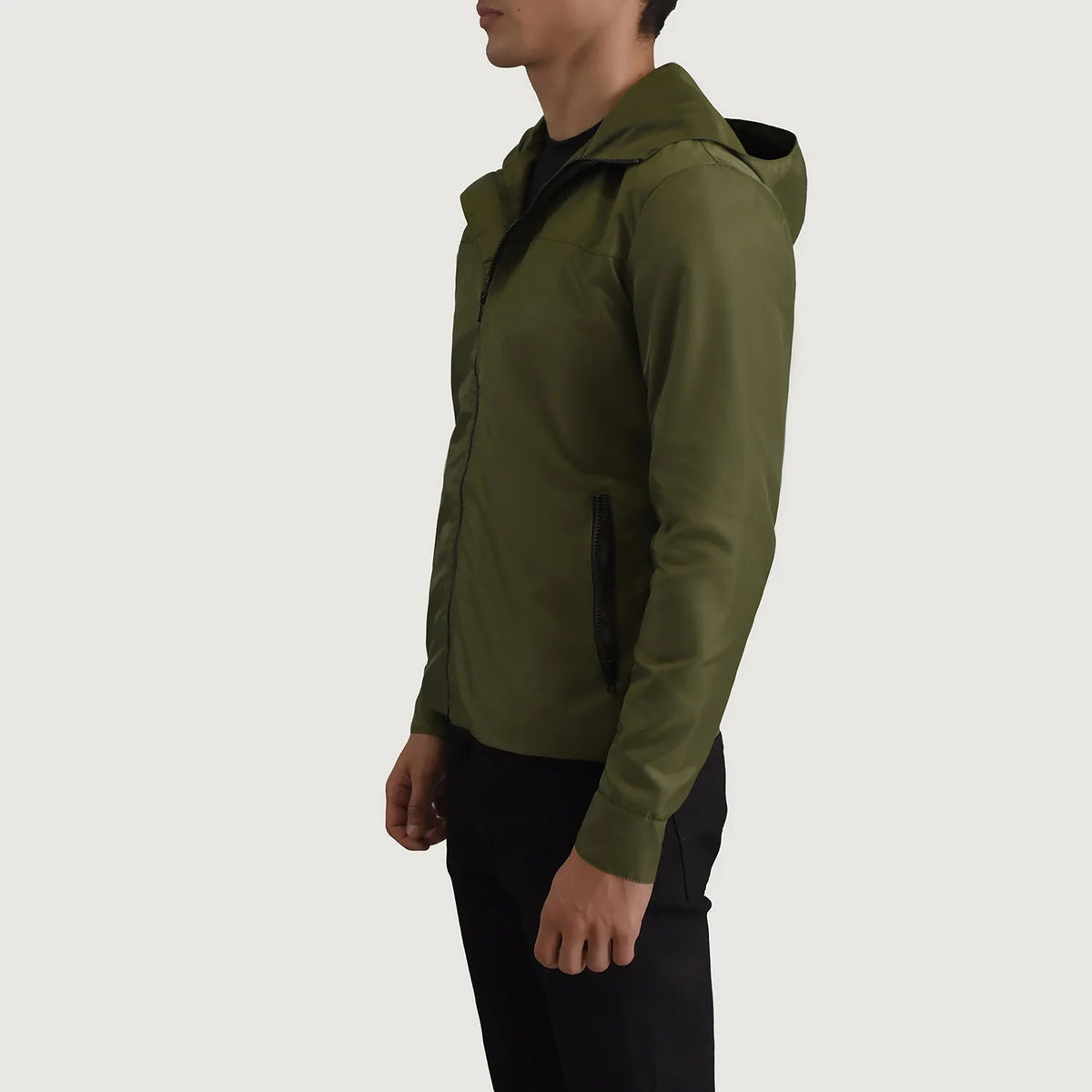 
Green Full-Grain Leather Hooded Jacket - Bakifrån med perfekt axelpassform och ren fåll