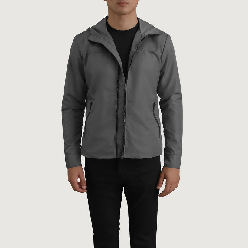 Wesley Grey Hooded Windbreaker Läderjacka för Herr