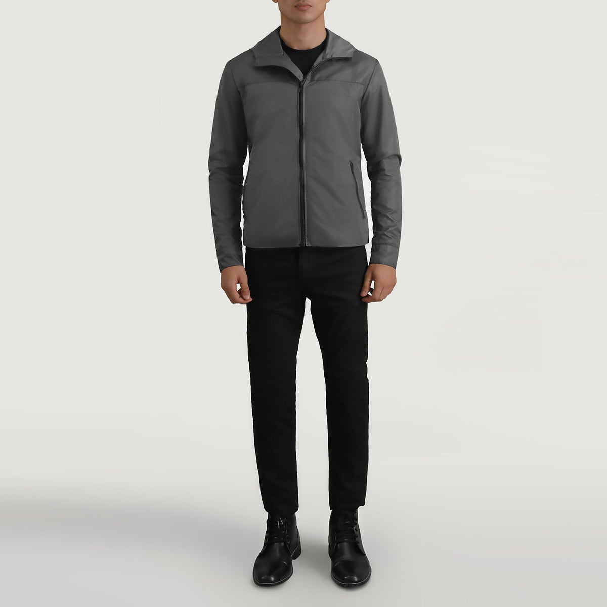 
Wesley Grey Hooded Windbreaker Läderjacka för Herr - Sidoprofil som visar ärmskärning