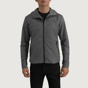 
Närbildsdetalj of Classic Collar & Zipper With Inside Wind Flap. Hardware on Wesley Grey Hooded Windbreaker Läderjacka för Herr