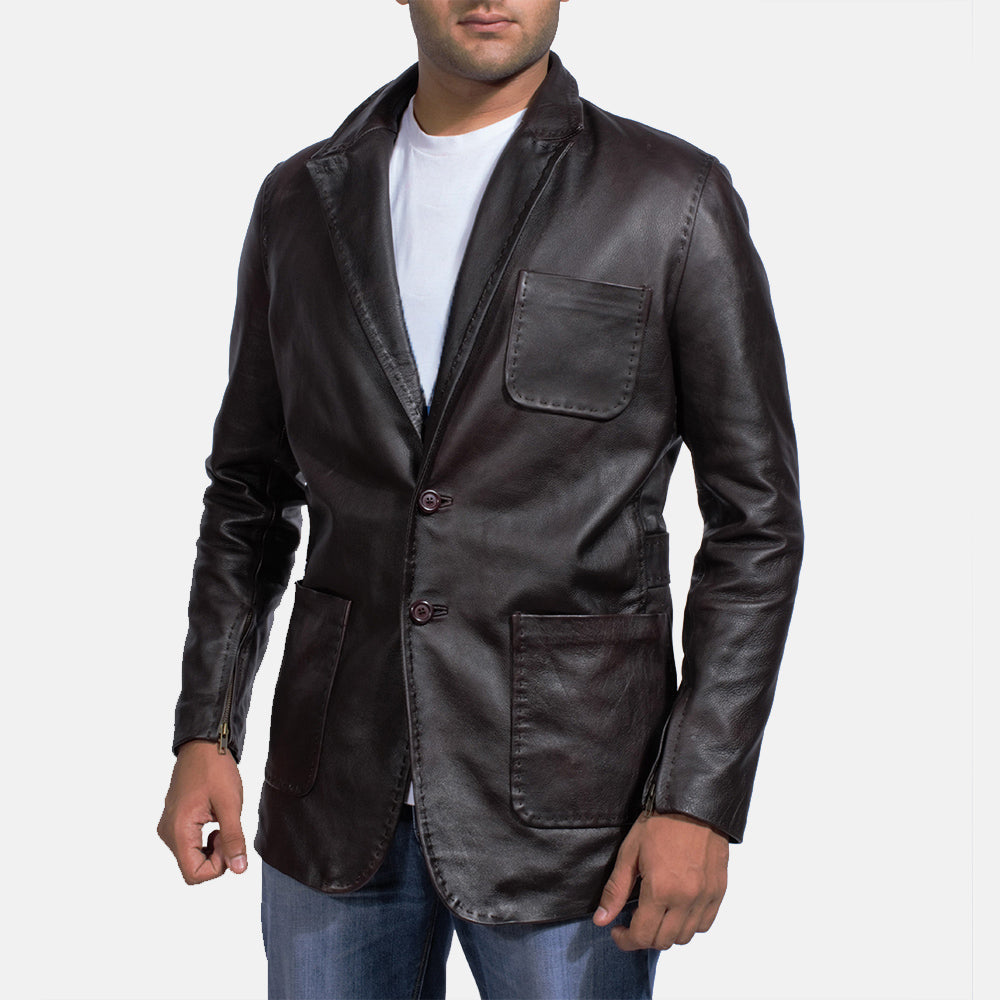 Men's Wine Svart Leather Blazer för Herr in Dark Brown Cow Hide Leather - Front Profile View &amp; Tailored Silhouette | Buy Online