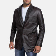 Men's Wine Svart Leather Blazer för Herr in Dark Brown Cow Hide Leather - Front Profile View &amp; Tailored Silhouette | Buy Online