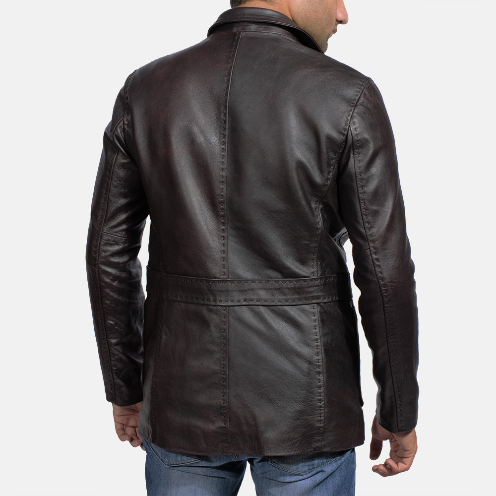 Men's Wine Svart Leather Blazer för Herr - Lateral Side Profile View Showing Sleeve Cut &amp; Athletic Taper Fit