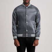 Xander Grey Varsity Läderjacka för Herr in Grey Satin - Front Profile View &amp; Tailored Silhouette | Buy Online