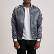 Xander Grey Varsity Läderjacka för Herr - Lateral Side Profile View Showing Sleeve Cut &amp; Athletic Taper Fit