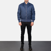 Men's Zack Blue Bomberjacka i Läder för Herr - Lateral Side Profile View Showing Sleeve Cut &amp; Athletic Taper Fit
