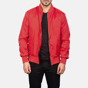 Men's Zack Red Bomberjacka i Läder för Herr in Red Nylon - Front Profile View &amp; Tailored Silhouette | Buy Online
