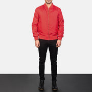 Men's Zack Red Bomberjacka i Läder för Herr - Lateral Side Profile View Showing Sleeve Cut &amp; Athletic Taper Fit