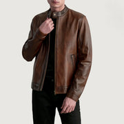 Zen Distressed Brun Bikerjacka i Läder för Herr in Distressed Brown Sheepskin Leather - Front Profile View &amp; Tailored Silhouette | Buy Online