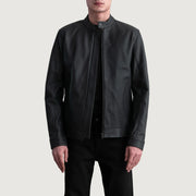 Zen Matte Svart Bikerjacka i Läder för Herr in Matte Black Cowhide Leather - Front Profile View &amp; Tailored Silhouette | Buy Online
