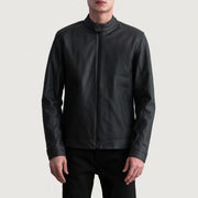Zen Matte Svart Bikerjacka i Läder för Herr - Lateral Side Profile View Showing Sleeve Cut &amp; Athletic Taper Fit