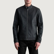 Zen Tumbled Svart Bikerjacka i Läder för Herr in Tumbled Black Sheepskin Leather - Front Profile View &amp; Tailored Silhouette | Buy Online