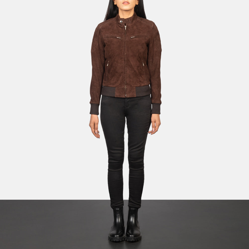 
Zenna Mocha Suede Bomber Jacket - Sidoprofil som visar ärmskärning