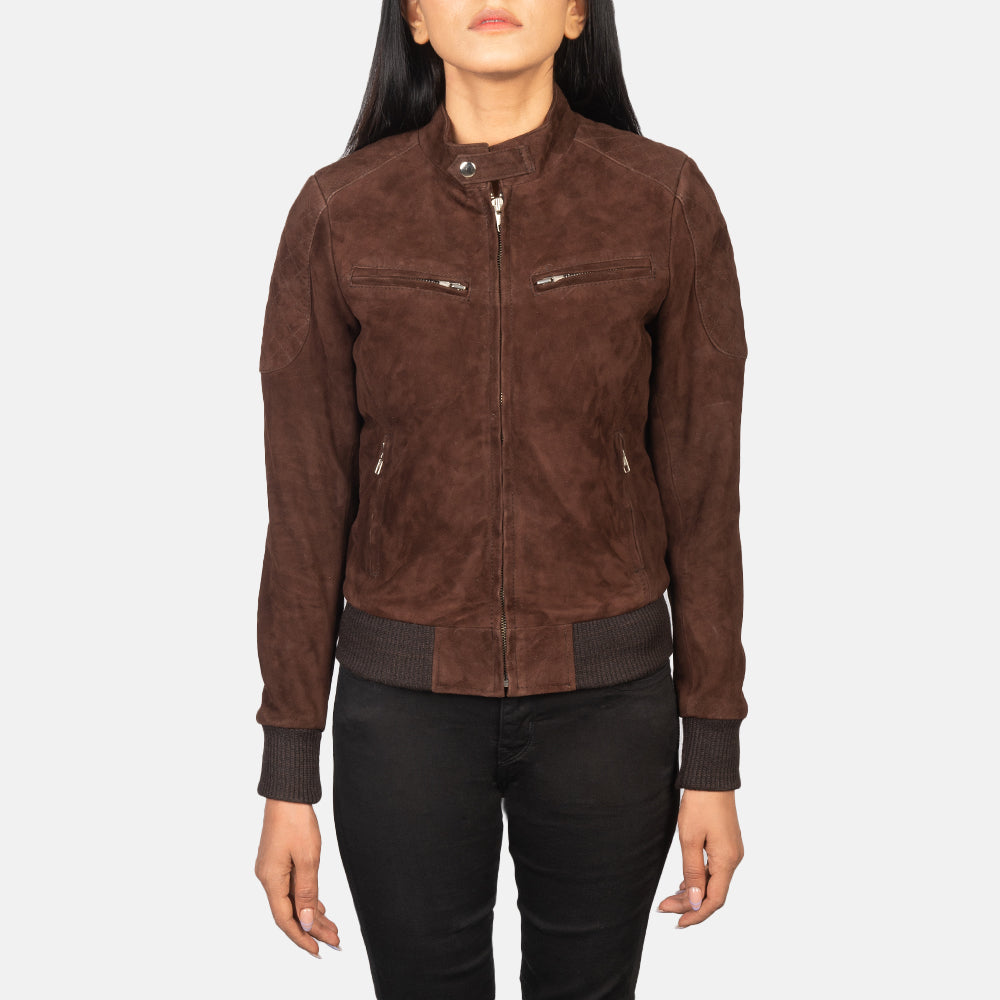 
Närbildsdetalj of Band with Snap Button & Zipper Hardware on Zenna Mocha Suede Bomber Jacket